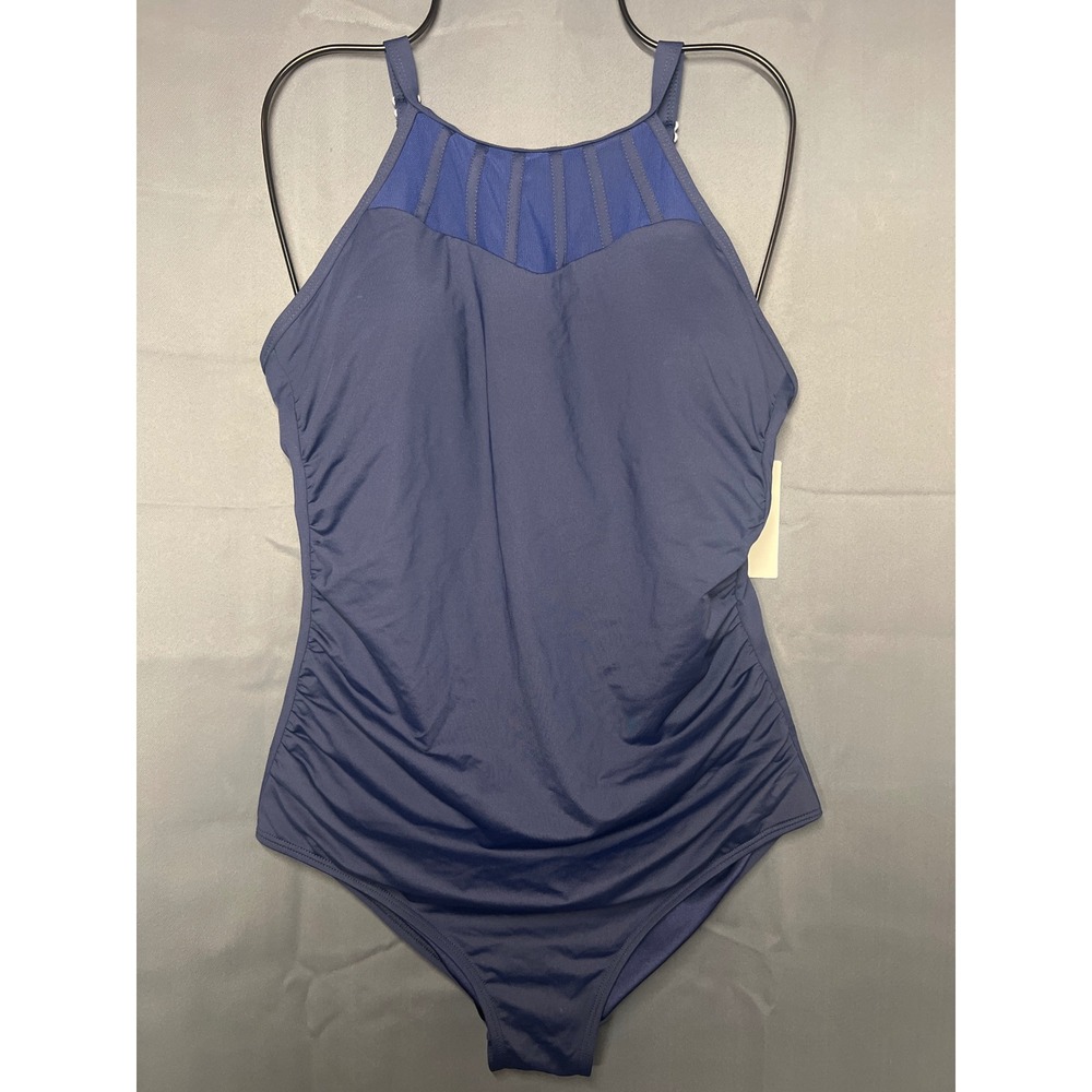 Holipick Women Navy Blue High Neck Mesh One Piece Swimsuit Ruched Size L NEW